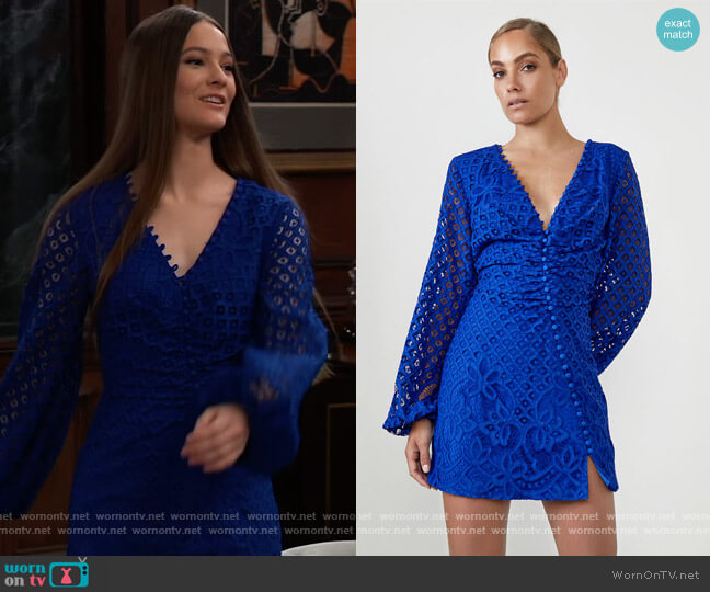Bardot Lily Lace Dress in Cobalt worn by Esme (Avery Kristen Pohl) on General Hospital