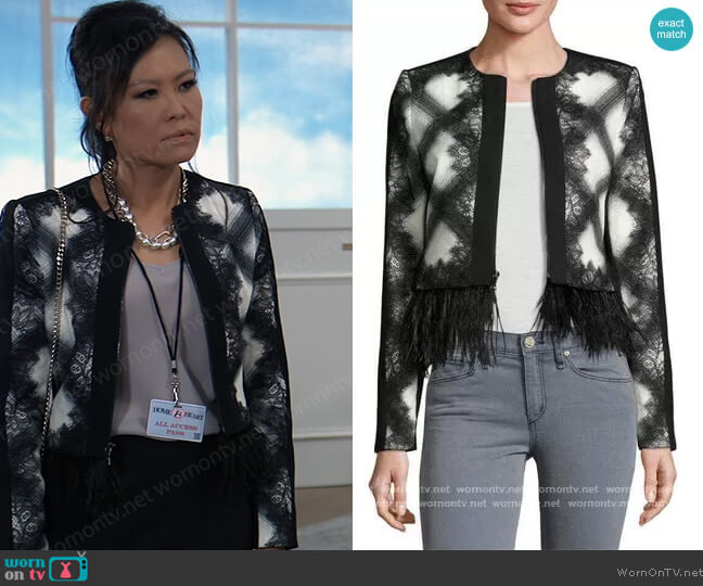 BCBGMAXAZRIA Ostrich Feather Trim Cropped Jacket worn by Selina Wu (Lydia Look) on General Hospital