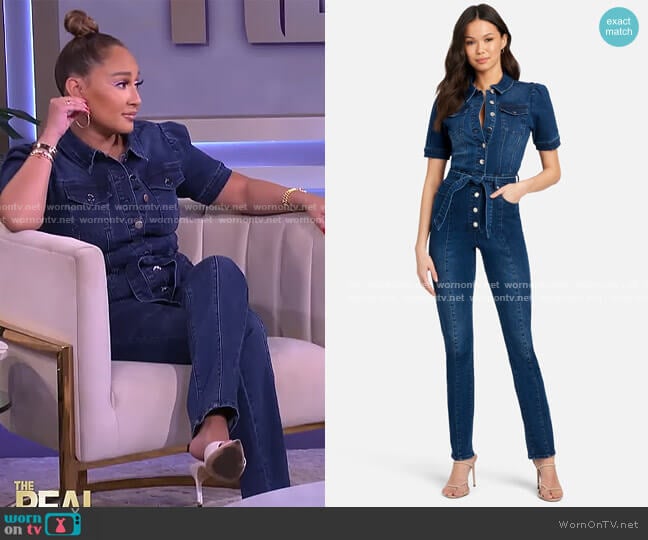 Bebe Button Front Denim Jumpsuit worn by Adrienne Houghton on The Real