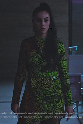 Becca’s green snake skin print asymmetric dress on Elite