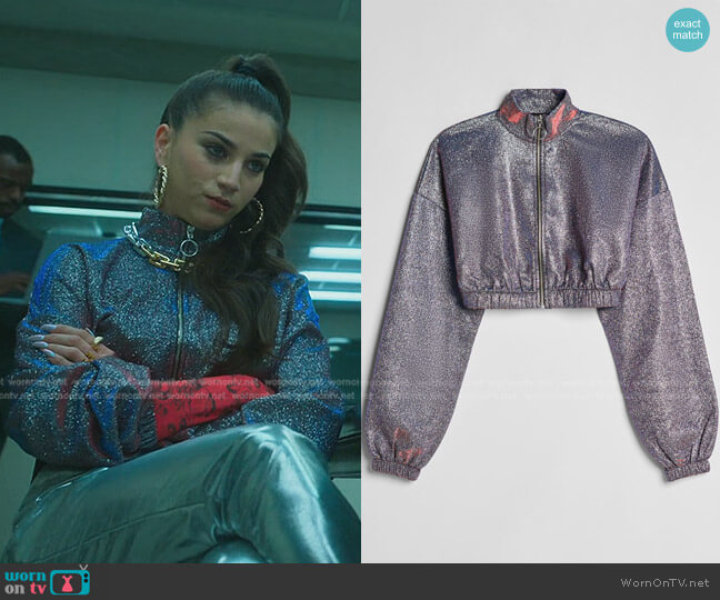 Bershka Glitter cropped jacket worn by Rebeca (Claudia Salas) on Elite