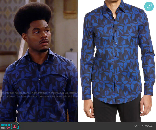 BOSS Hank Leaf Print Shirt in Navy worn by Carter (Julian Gant) on Call Me Kat