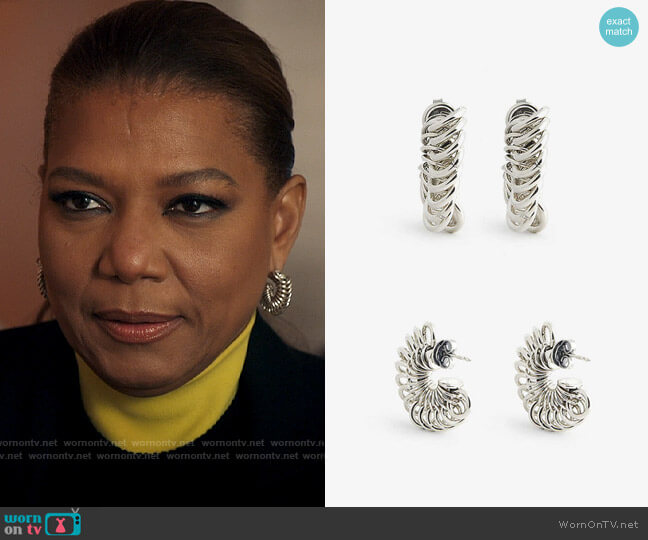 Bottega Veneta Disc sterling-silver hoop earrings worn by Robyn McCall (Queen Latifah) on The Equalizer