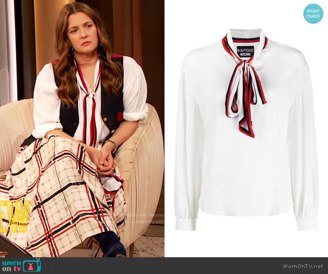 Moschino Striped Pussy Bow Blouse worn by Drew Barrymore on The Drew Barrymore Show