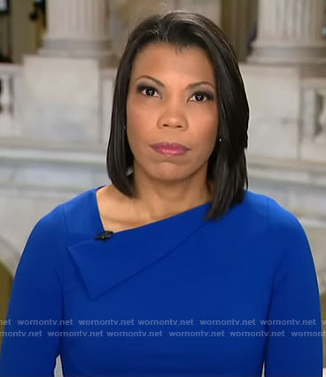 Nikole Killion’s blue folded neckline dress on CBS Mornings
