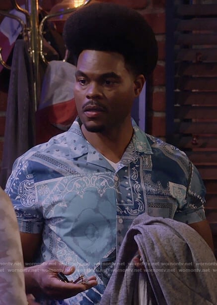 Carter’s blue bandana patchwork print shirt on Call Me Kat