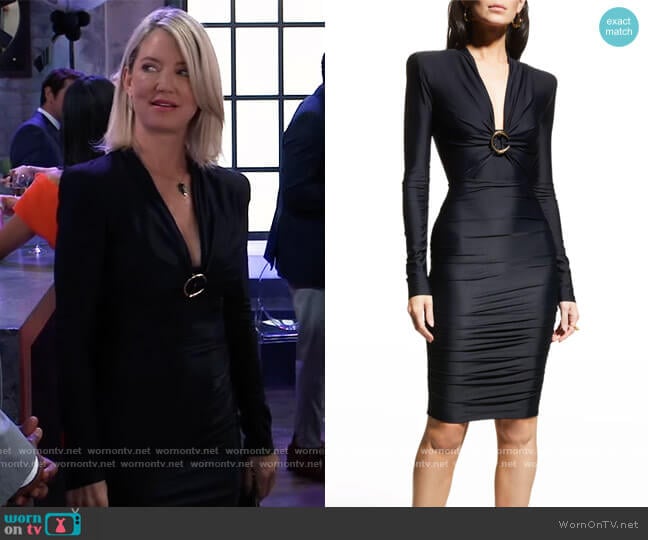 Robert Cavalli C Logo Strong-Shoulder Ruched Dress worn by Nina Reeves (Cynthia Watros) on General Hospital