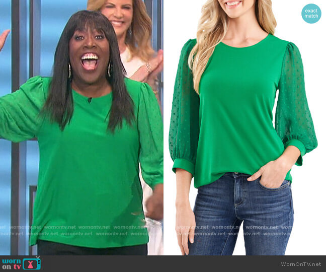 Cece Mixed Media Clip Dot Blouse worn by Sheryl Underwood on The Talk
