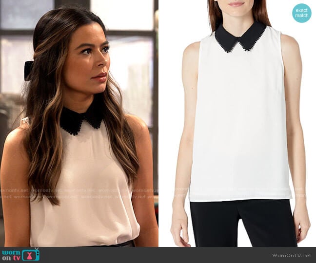 CeCe Sleeveless Collared Blouse w/ Dot Trim in Soft Ecru worn by Carly Shay (Miranda Cosgrove) on iCarly