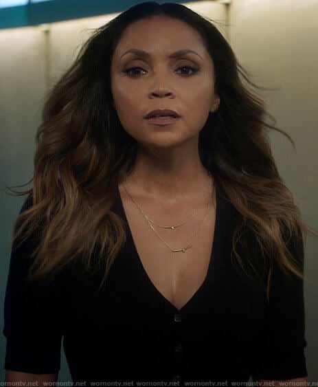 Cecile’s black v-neck short sleeve cardigan on The Flash