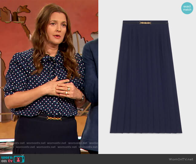 Celine Pleated Skirt in Sand Crepe Navy worn by Drew Barrymore on The Drew Barrymore Show