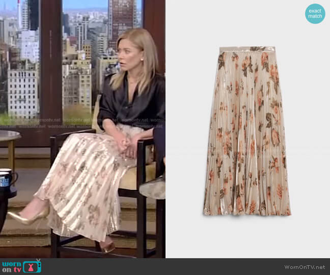 Celine Sun-Pleated Skirt in Silk Lame worn by Kelly Ripa on Live with Kelly and Mark