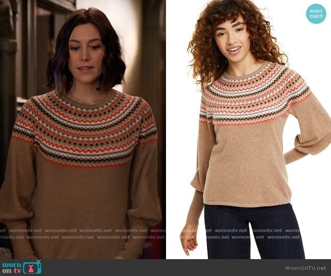 Charter Club Fair Isle Balloon-Sleeve Cashmere Sweater worn by Sarah (Caitlin McGee) on Home Economics