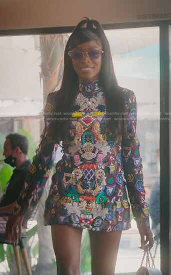 Chelsea’s multicolor embroidered mini dress on Selling Sunset