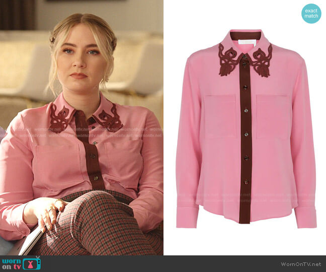 Chloe Silk Shirt With Embroidered Cut-out Detail worn by Amanda Carrington (Eliza Bennett) on Dynasty