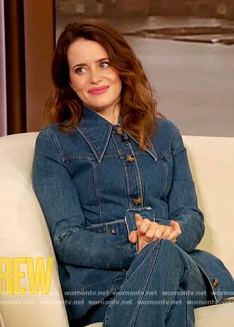 Claire Foy’s denim belted jacket on The Drew Barrymore Show