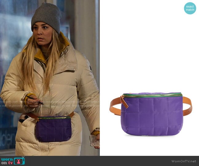Clare V Quilted Nylon Belt Bag worn by Cassie Bowden (Kaley Cuoco) on The Flight Attendant