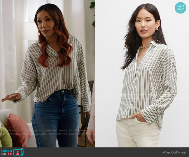 Club Monaco Signature Striped Silk Shirt in White Printed Multi worn by Iris West (Candice Patton) on The Flash