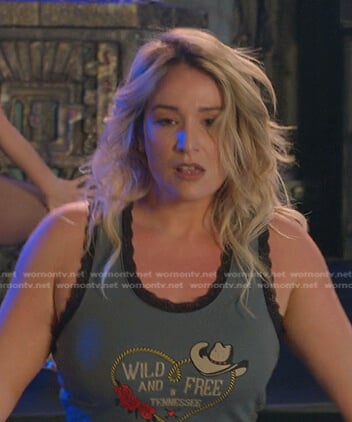 Davia’s grey Wide and Free print tank on Good Trouble