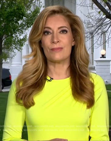 Debra Alfarone’s neon yellow dress on CBS Mornings