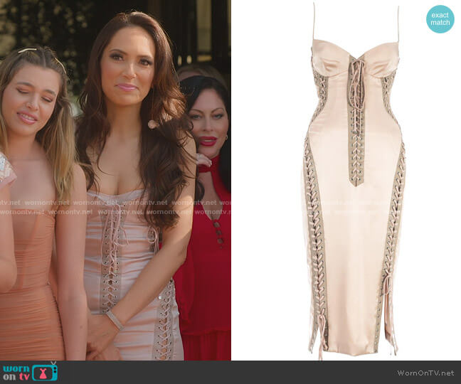 Dolce and Gabbana Satin calf-length dress with laces and eyelets worn by Davina Potratz on Selling Sunset