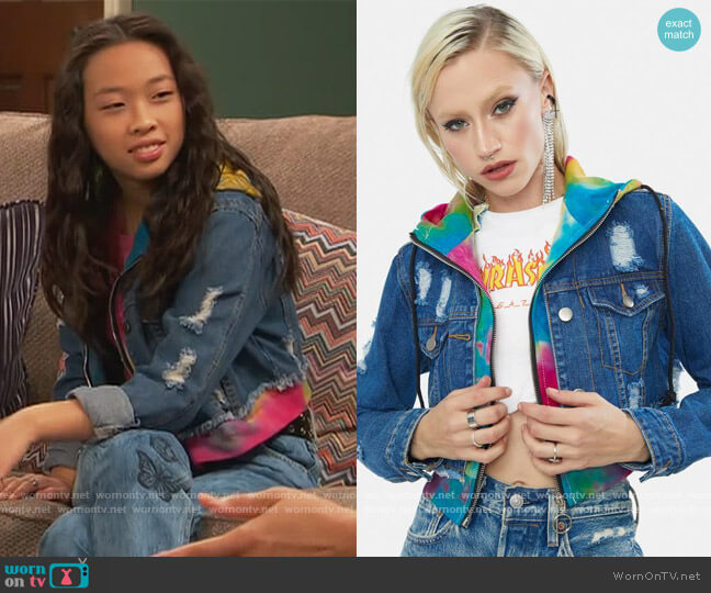 Dolls Kill Outta Her League Tie Dye Jean Jacket worn by Ivy (Emmy Liu-Wang) on Ravens Home