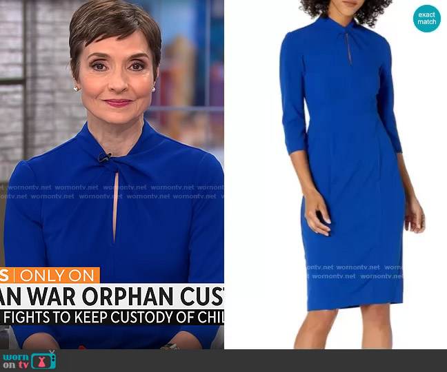 Donna Morgan Knotted Crepe Sheath Dress worn by Catherine Herridge on CBS Mornings