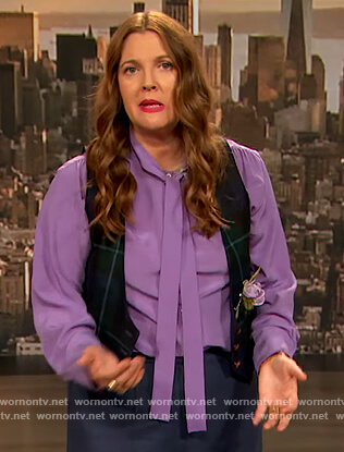 Drew’s purple tie neck blouse on The Drew Barrymore Show
