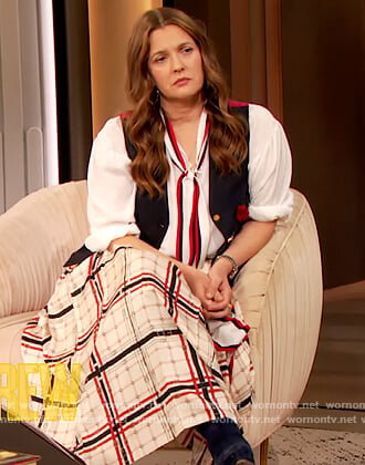 Drew’s white plaid skirt on The Drew Barrymore Show