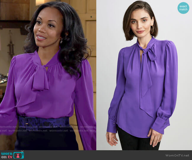 Elie Tahari Tie Neck Shirt in Iris worn by Amanda Sinclair (Mishael Morgan) on The Young and the Restless