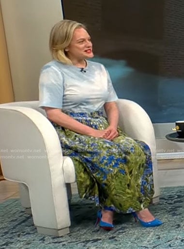 Elisabeth Moss’s floral and cloud print dress on CBS Mornings