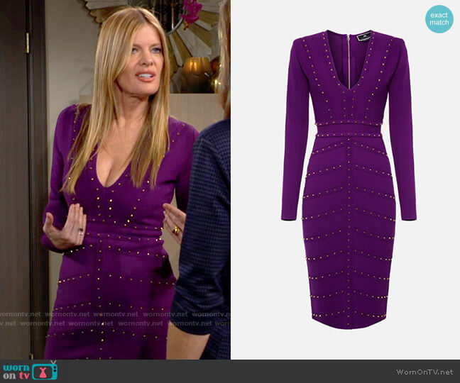 Elisabetta Franchi Knit Sheath Dress with Gold Studs worn by Phyllis Summers (Michelle Stafford) on The Young and the Restless