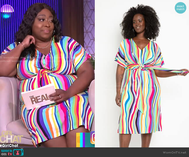 Eloquii Wrap Around Dress in Liquid Rainbow worn by Loni Love on The Real