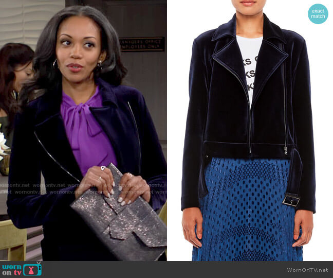 Emporio Armani Velvet Moto Jacket worn by Amanda Sinclair (Mishael Morgan) on The Young and the Restless