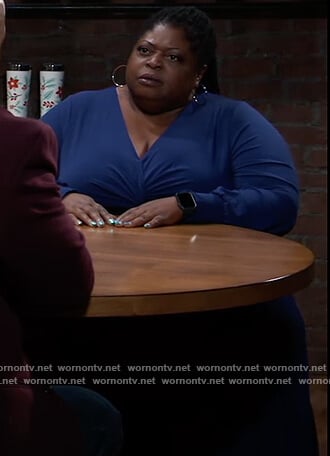 Epiphany’s blue twist front dress on General Hospital