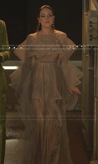 Fallon’s swirl ruffle gown on Dynasty