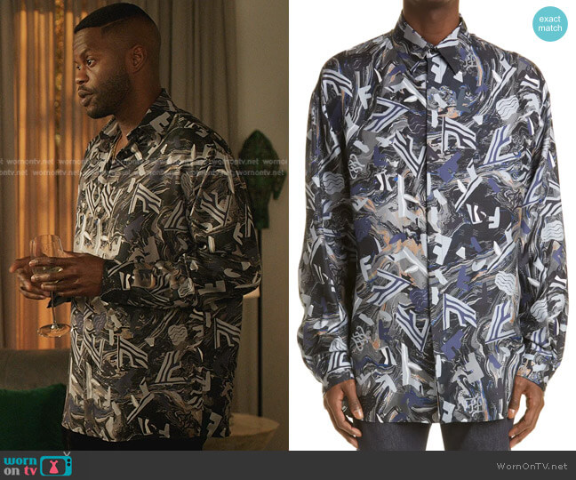 Fendi Fragment Print Longline Silk Button-Up Shirt worn by Jeff Colby (Sam Adegoke) on Dynasty