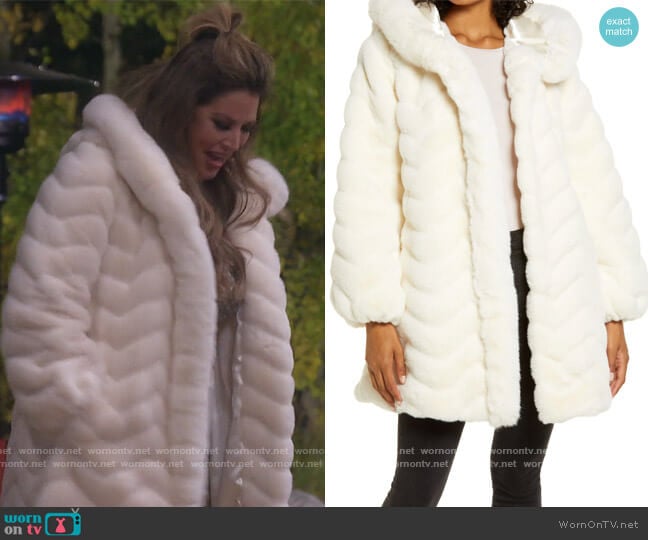 Gallery Faux Fur Hooded Swing Coat worn by Emily Simpson on The Real Housewives of Orange County