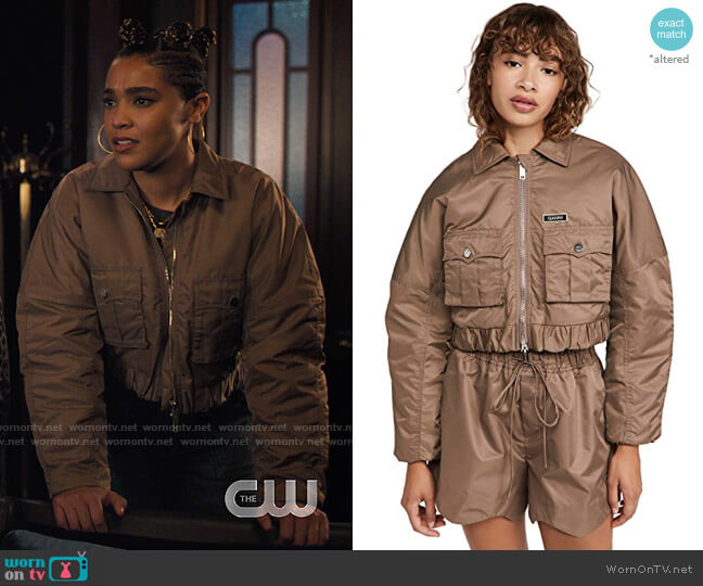 Ganni Nylon Bomber Jacket in Fossil worn by Mikaela Danso (Lucy Barrett) on Charmed