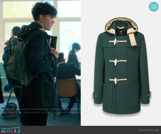 Gloverall Mid Monty Duffle Coat in Pine Green worn by Charlie Spring (Joe Locke) on Heartstopper