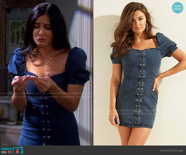 Guess Courtney Lace Up Mini Denim Dress worn by Gabi Hernandez (Camila Banus) on Days of our Lives