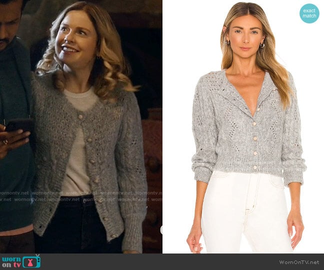 Heartloom Thalia Cardi in Dove worn by Sam (Rose McIver) on Ghosts