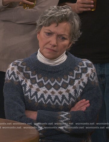 Helen’s blue fair isle sweater on How We Roll