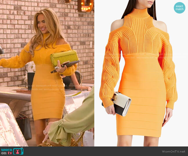 Herve Leger Cold-Shoulder Ribbed-Paneled Bandage Mini Dress worn by Chrishell Stause on Selling Sunset