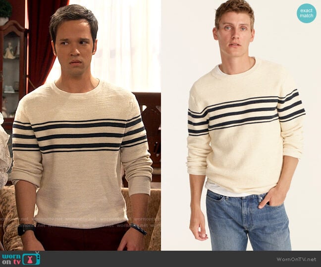 J. Crew Rugged cotton waffle sweater in stripe worn by Freddie Benson (Nathan Kress) on iCarly