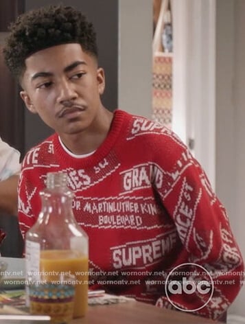Jack’s red street sign print sweater on Black-ish
