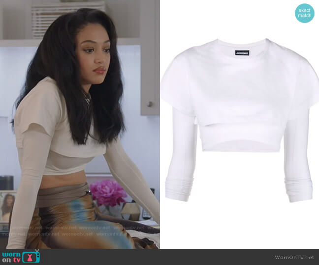 Jacquemus Le Double cropped layered T-shirt worn by Olivia Baker (Samantha Logan) on All American