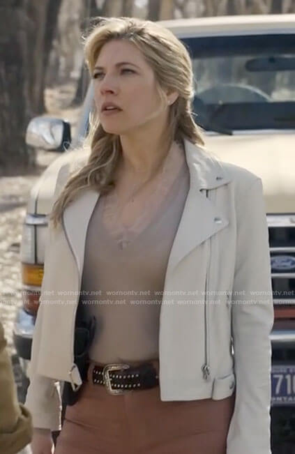 Jenny’s lace trim sweater and white leather jacket on Big Sky