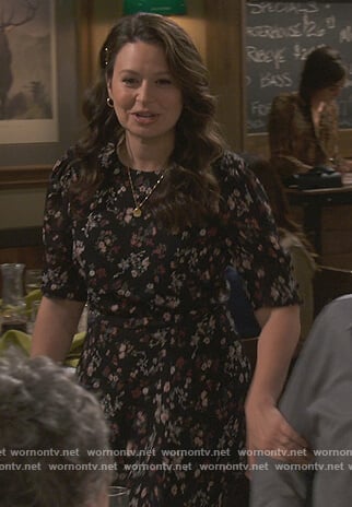 Jen’s black floral print mini dress on How We Roll