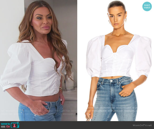 Jonathan Simkhai Thea Smocked Puff Sleeve Top worn by Dolores Catania on The Real Housewives of New Jersey
